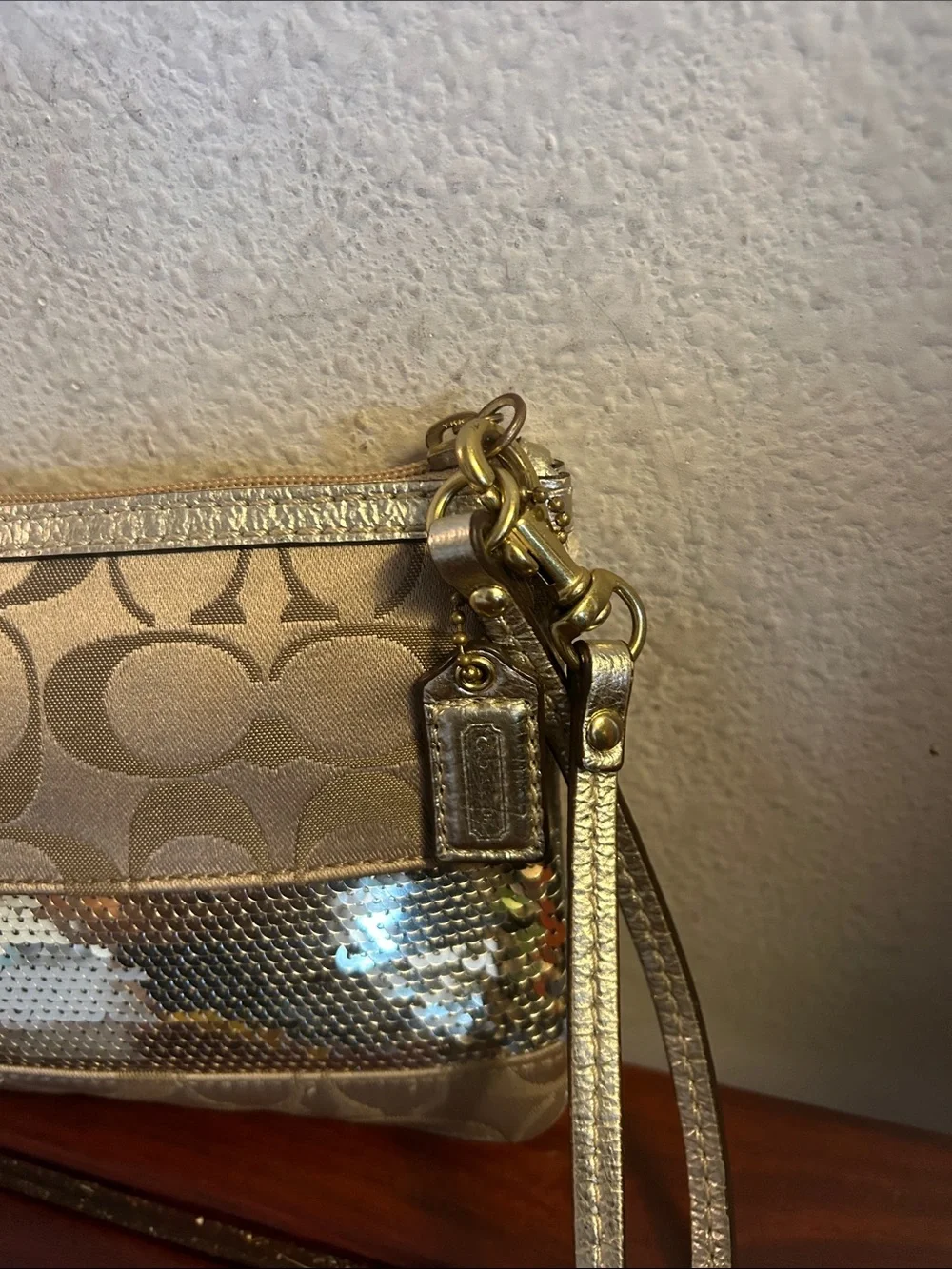 Coach Gold Signature Sequin Clutch Wristlet
